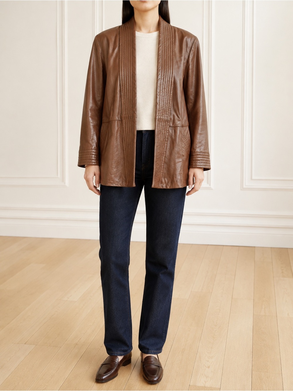 Vintage 80s Lord & Taylor Petite 4P Brown Lamb Leather Open Front Jacket Quilted